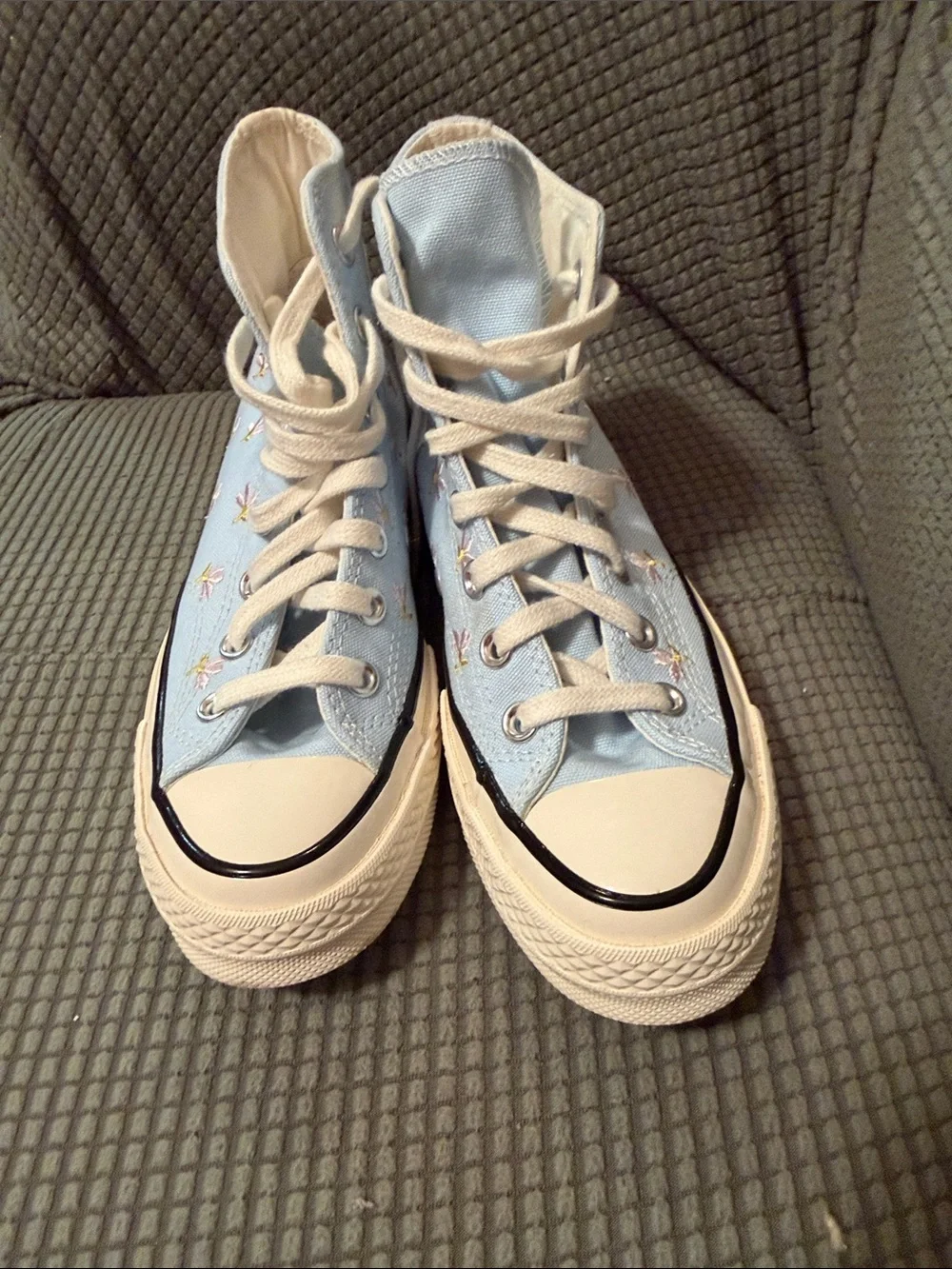 Converse Chuck Taylor light blue with purple flowers.   Mens 4. Womens 6